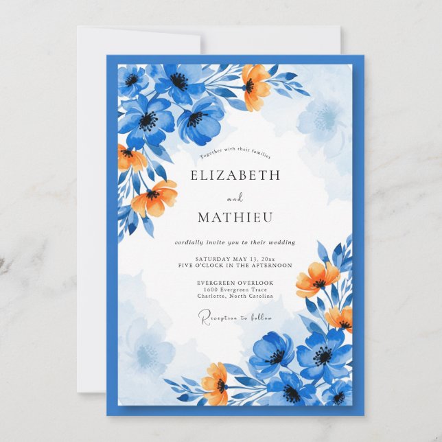 Blue Orange Artistic Floral Wedding Invitation (Front)