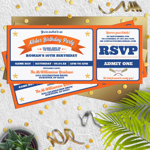 Blue & Orange Baseball Allstar Ticket Birthday Invitation