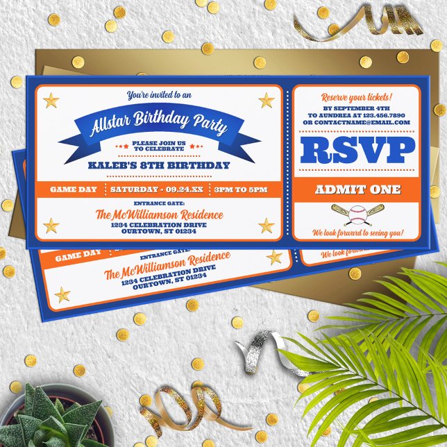 Blue & Orange Baseball Allstar Ticket Birthday Invitation (Creator Uploaded)