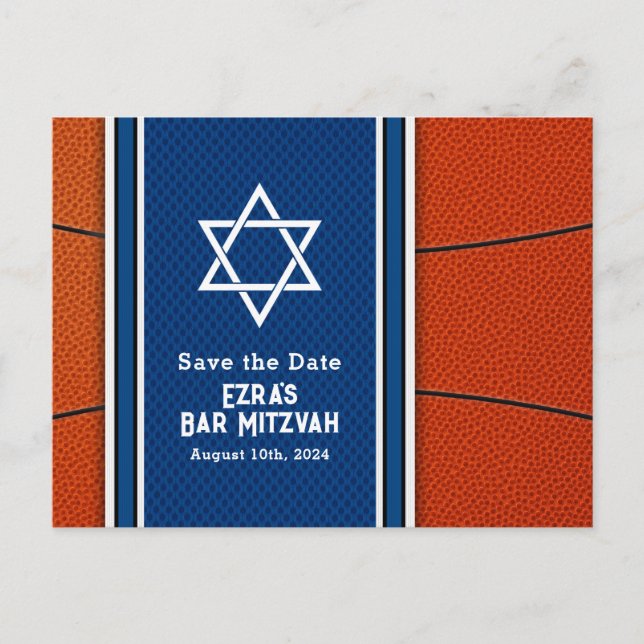 Blue Orange Basketball Bar Mitzvah Save the Date Postcard (Front)