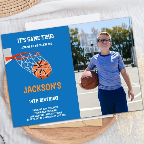 Blue Orange Basketball Birthday Invitations photo