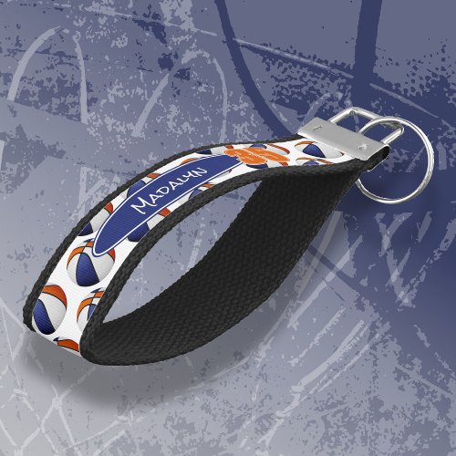 blue orange basketballs pattern athlete name wrist keychain