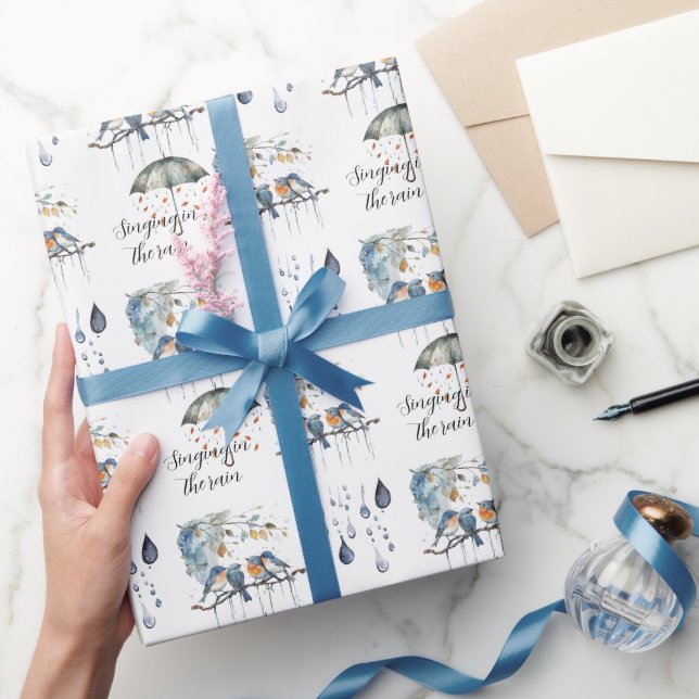 Blue Orange Birds Singing in the Rain Wrapping Paper (Gifting)