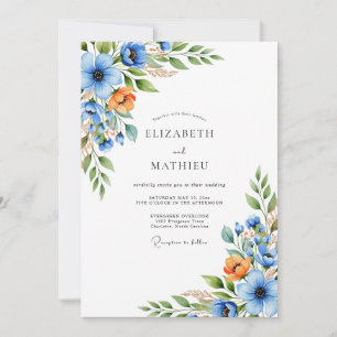 Blue Orange Bloom Wedding Invitation