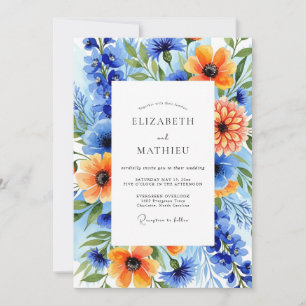 Blue Orange Blooming Botanical Wedding Invitation