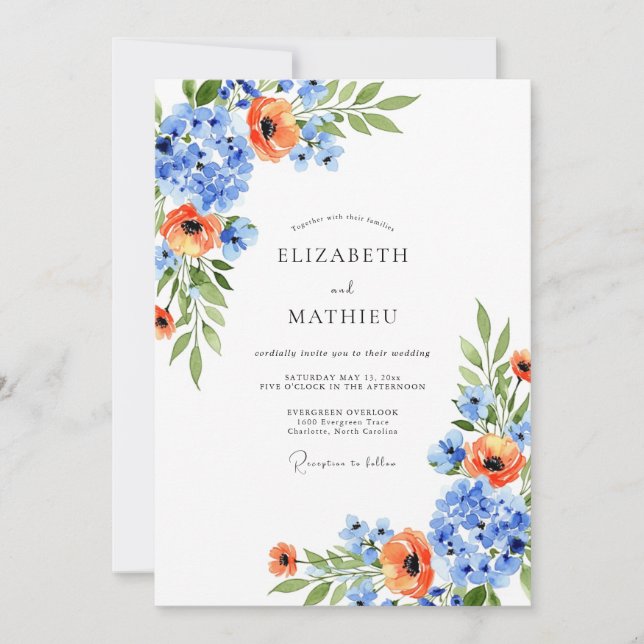 Blue Orange Blossom Spring Wedding Invitation (Front)