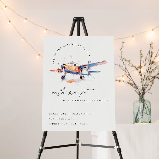 Blue Orange Blush Air Plane Wedding Welcome Foam Board (In Situ (Stand))