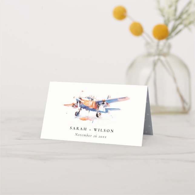Blue Orange Blush Airplane Watercolor Wedding Place Card (Front)