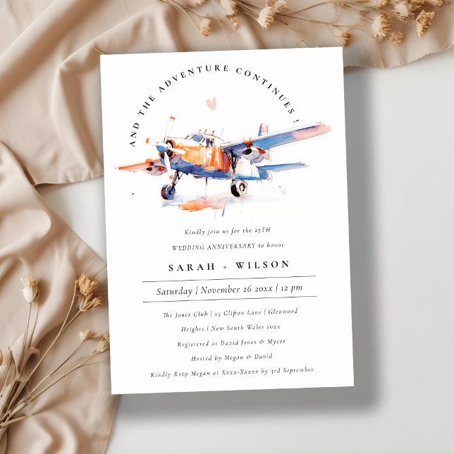 Blue Orange Blush Airplane Wedding Anniversary Invitation (Creator Uploaded)