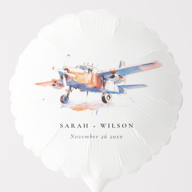 Blue Orange Blush Watercolor Air Plane Wedding Balloon (Front)