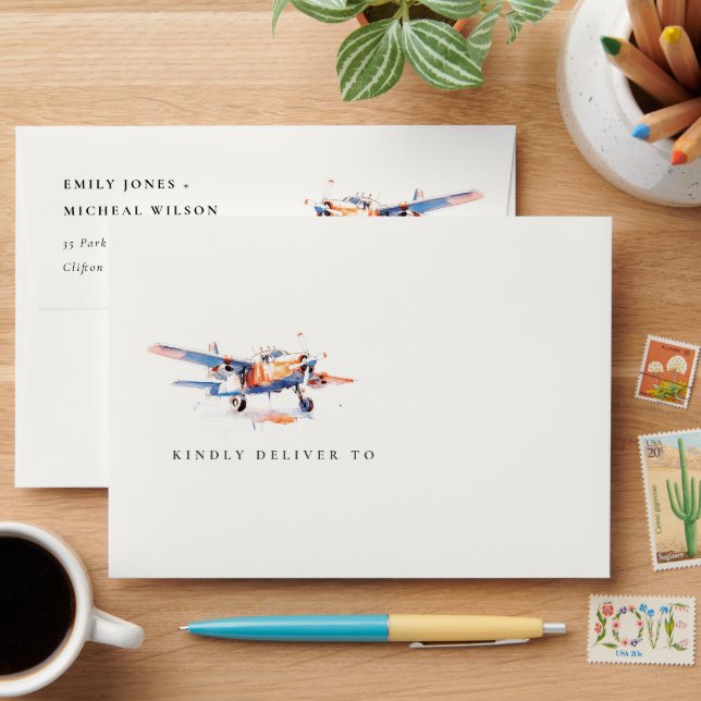 Blue Orange Blush Watercolor Air Plane Wedding Envelope (Desk)