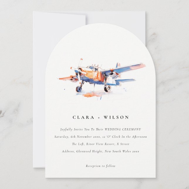 Blue Orange Blush Watercolor Air Plane Wedding Invitation (Front)