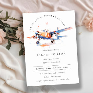 Blue Orange Blush Watercolor Air Plane Wedding Invitation