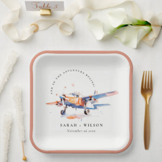 Blue Orange Blush Watercolor Air Plane Wedding Paper Plates