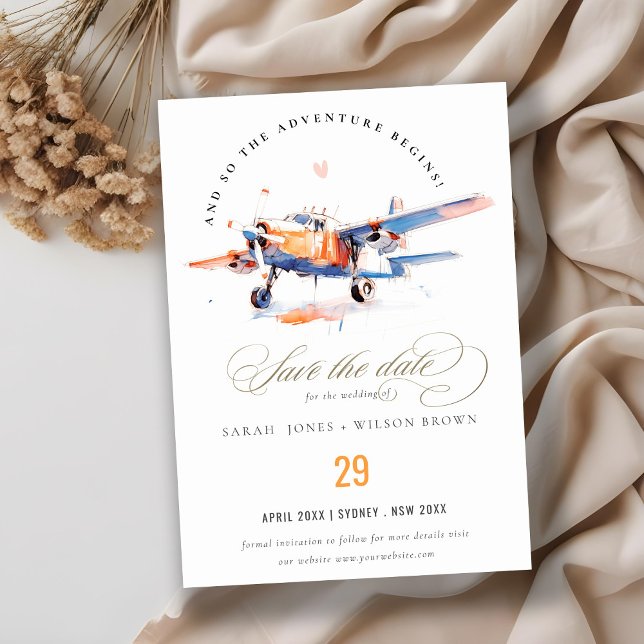 Blue Orange Blush Watercolor Air Plane Wedding Save The Date (Creator Uploaded)