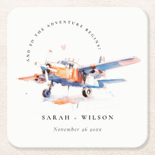 Blue Orange Blush Watercolor Air Plane Wedding Square Paper Coaster