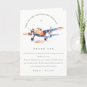Blue Orange Blush Watercolor Air Plane Wedding Thank You Card
