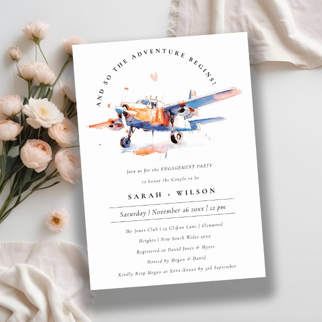 Blue Orange Blush Watercolor Airplane Engagement Invitation (Creator Uploaded)