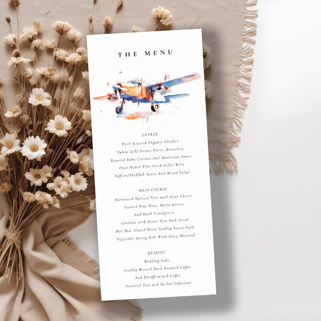 Blue Orange Blush Watercolor Airplane Wedding Menu Invitation (Creator Uploaded)