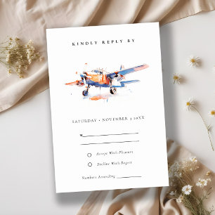 Blue Orange Blush Watercolor Airplane Wedding RSVP Card