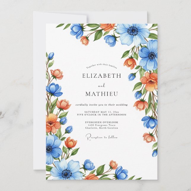 Blue Orange Botanical Romance Wedding Invitation (Front)