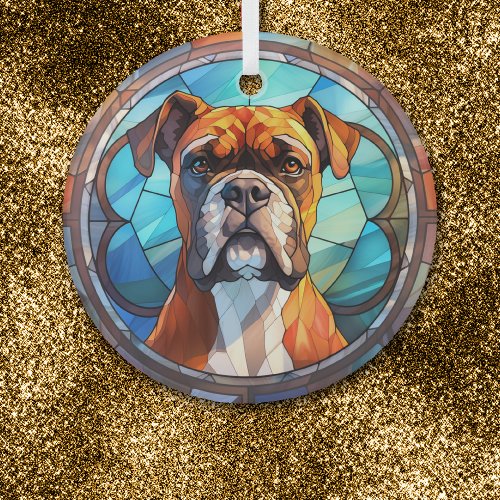 Blue Orange Boxer Dog Stained Glass Ornament