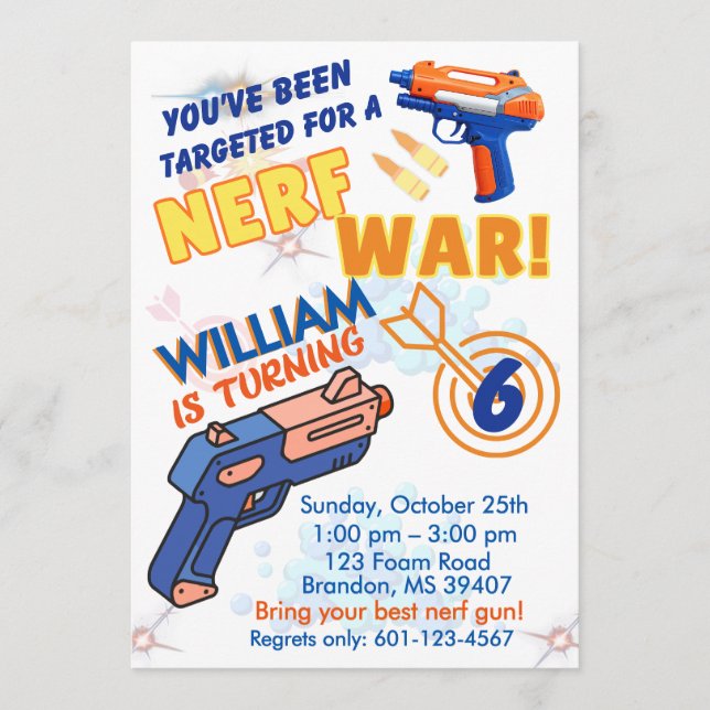 Blue Orange Boys BD Party- Nerf War 6th Birthday Invitation (Front)