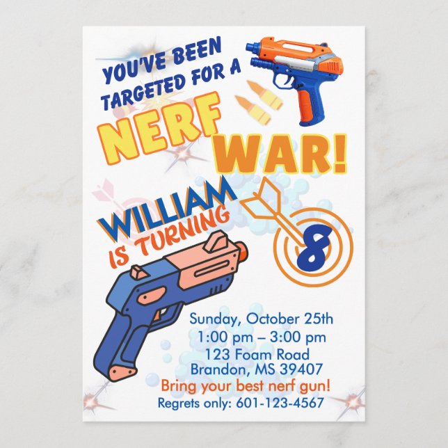 Blue Orange Boys BD Party- Nerf War 8th Birthday Invitation (Front)