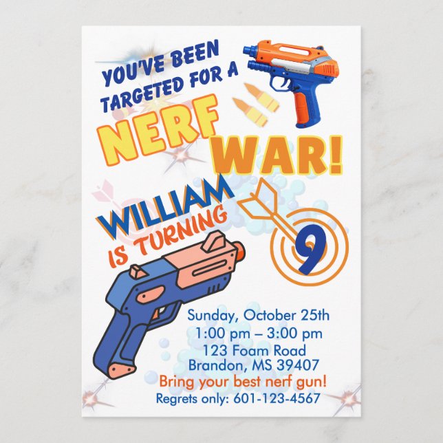 Blue Orange Boys BD Party- Nerf War 9th Birthday Invitation (Front)