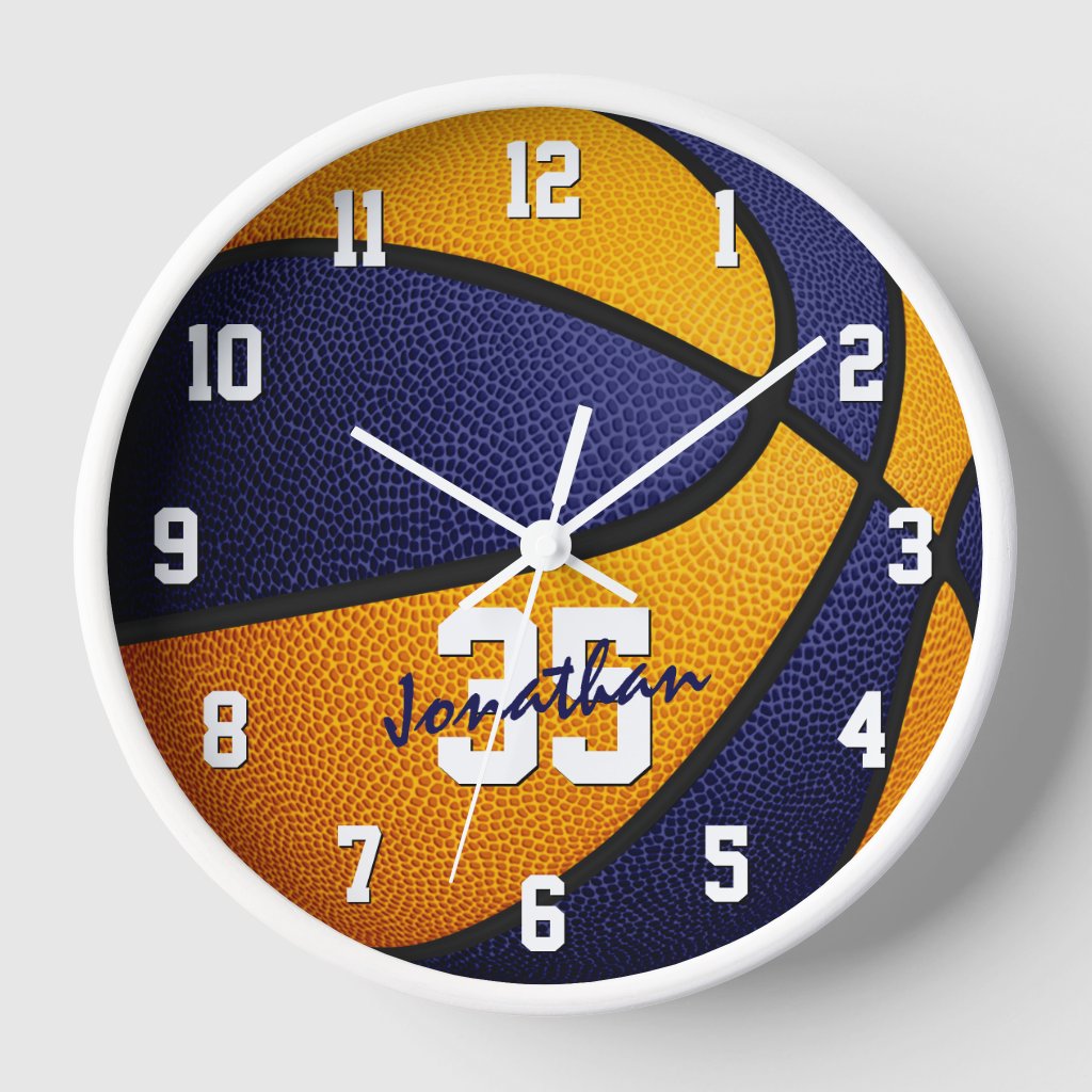 blue orange boys girls basketball personalized round clock