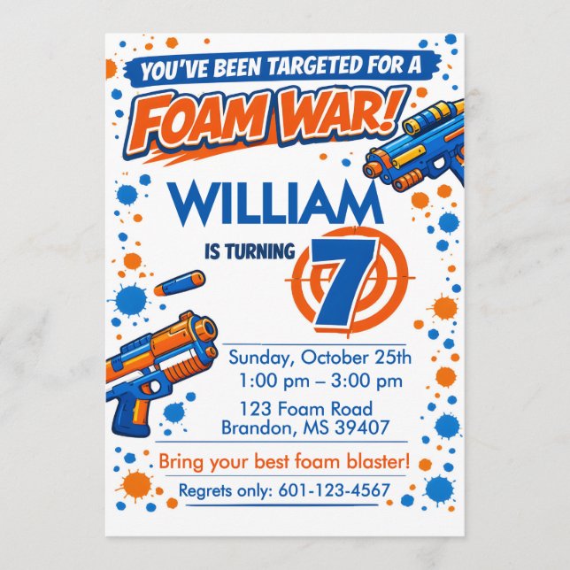Blue Orange Boys Party- Foam Blaster 7th Birthday Invitation (Front)