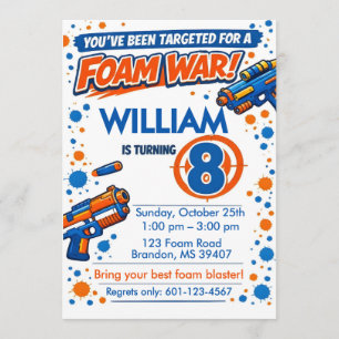 Blue Orange Boys Party- Foam Blaster 8th Birthday Invitation