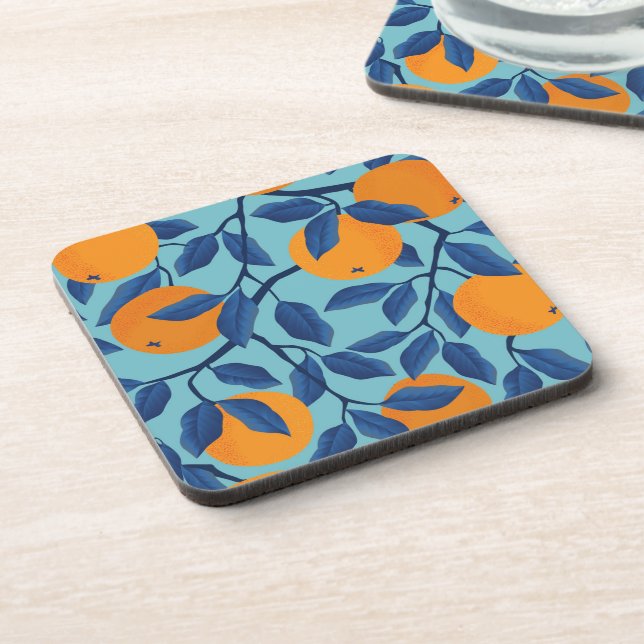 Blue Orange Branch Pattern Beverage Coaster (Left Side)
