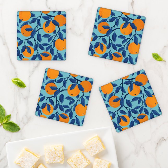 Blue Orange Branch Pattern Coaster Set (In Situ)