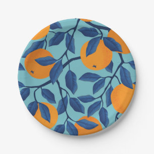 Blue Orange Branch Pattern Paper Plates