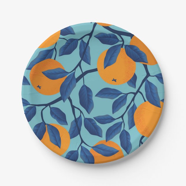 Blue Orange Branch Pattern Paper Plates (Front)