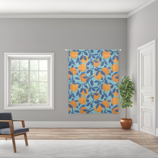 Blue Orange Branch Pattern Sheer Curtains (Wide)