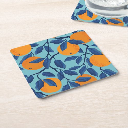 Blue Orange Branch Pattern Square Paper Coaster