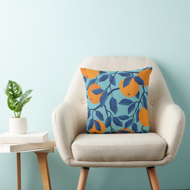 Blue Orange Branch Pattern Throw Pillow (Chair)