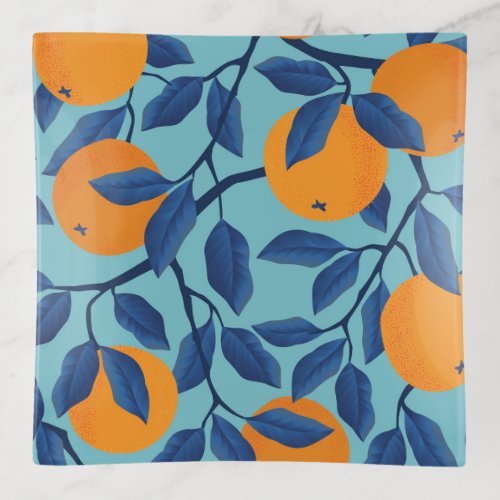 Blue Orange Branch Pattern Trinket Tray