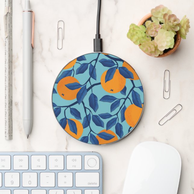 Blue Orange Branch Pattern Wireless Charger (Desk)