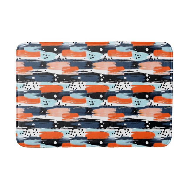 Blue Orange Brushstrokes Abstract Pattern Bath Mat (Front)