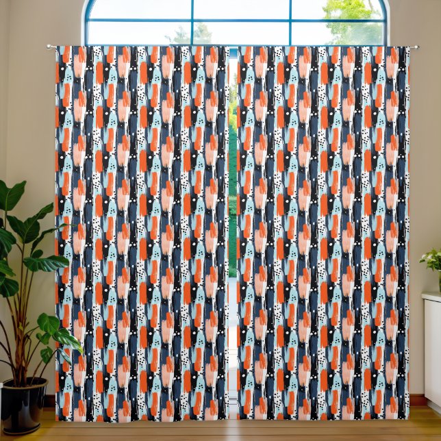 Blue Orange Brushstrokes Abstract Pattern Blackout Curtains (Living Room)