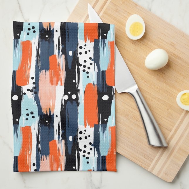 Blue Orange Brushstrokes Abstract Pattern Kitchen Towel (Quarter Fold)