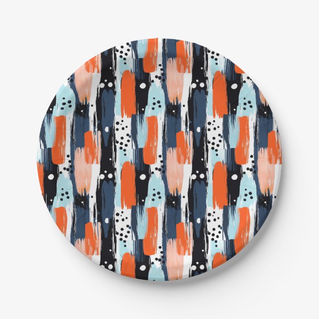 Blue Orange Brushstrokes Abstract Pattern Paper Plates (Front)