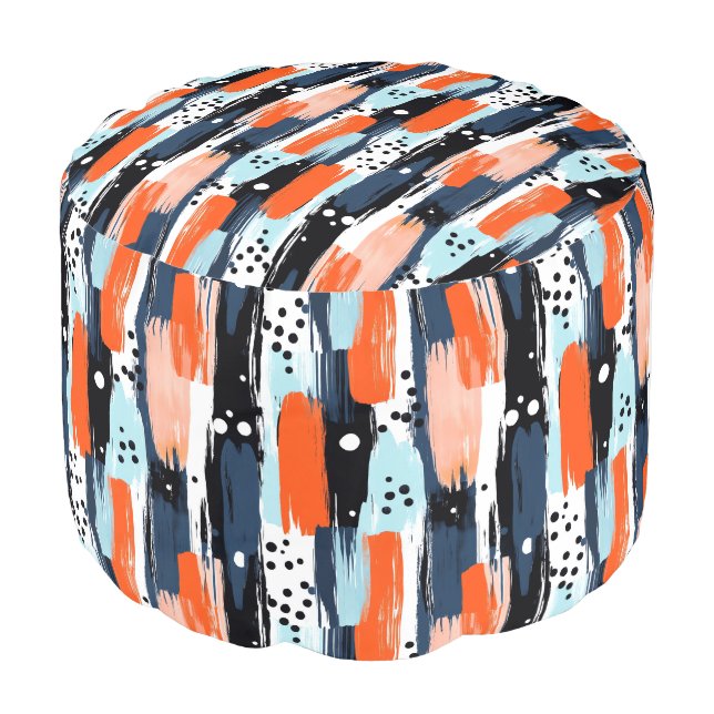 Blue Orange Brushstrokes Abstract Pattern Pouf (Angled Front)