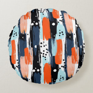 Blue Orange Brushstrokes Abstract Pattern Round Pillow