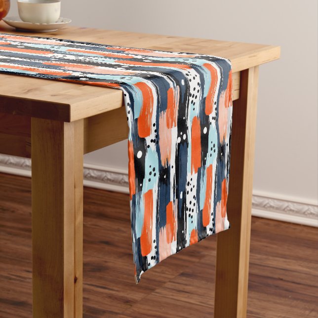 Blue Orange Brushstrokes Abstract Pattern Short Table Runner (In Situ)
