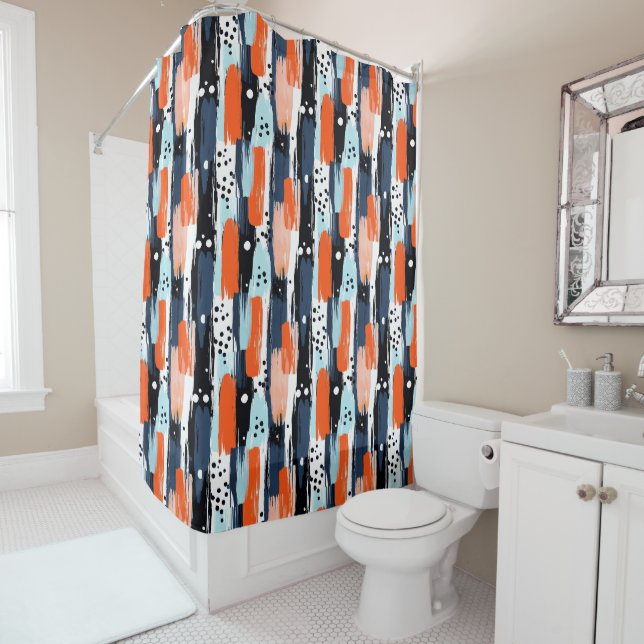 Blue Orange Brushstrokes Abstract Pattern Shower Curtain (In Situ)