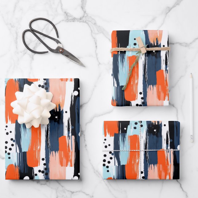 Blue Orange Brushstrokes Abstract Pattern Wrapping Paper Sheets (Front)